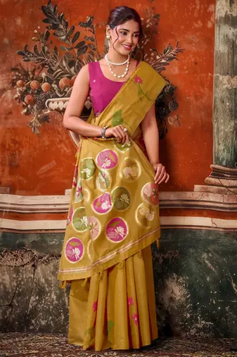 mustard khadi cotton blend fabric woven designer fancy graceful saree