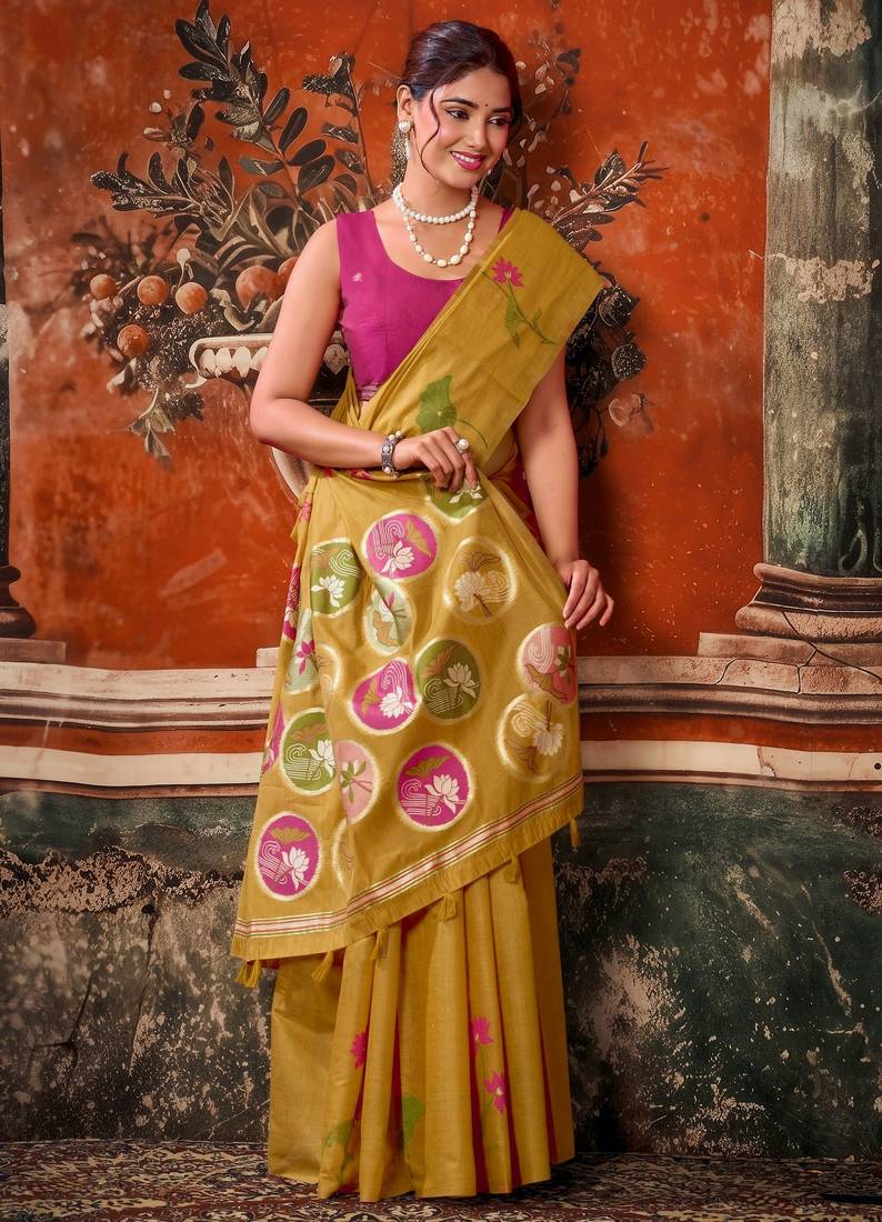 mustard khadi cotton blend fabric woven designer fancy graceful saree