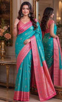 Rama soft silk blend banarasi jacuard work festive saree with unstitched blouse piece 1