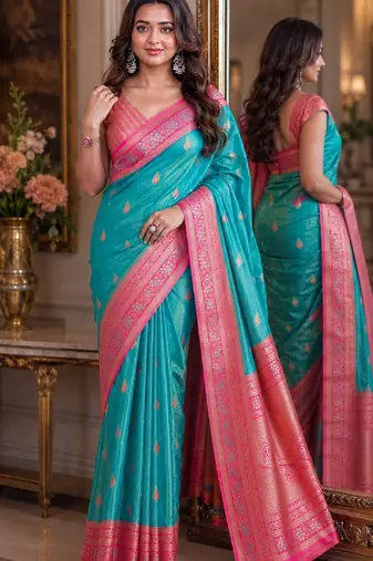 Rama soft silk blend banarasi jacuard work festive saree with unstitched blouse piece