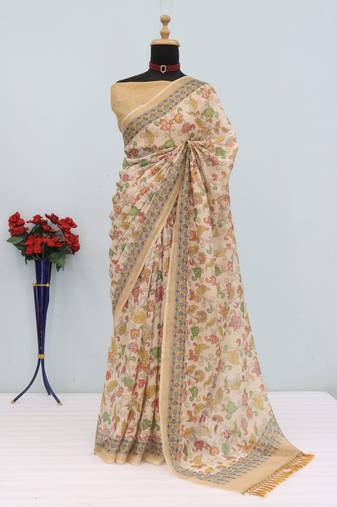 cream cotton blend zari weaving floral digital print festive saree with unstitched blouse piece