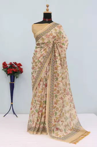 cream cotton blend zari weaving floral digital print festive saree with unstitched blouse piece