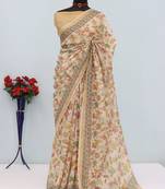 cream cotton blend zari weaving floral digital print festive saree with unstitched blouse piece