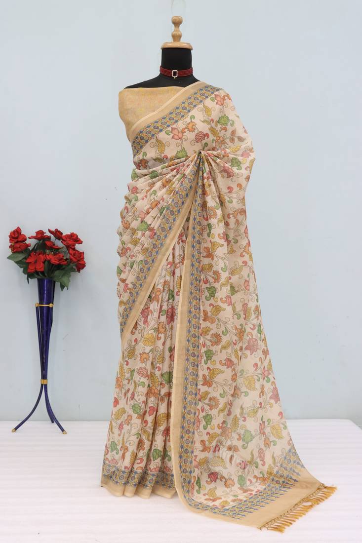 cream cotton blend zari weaving floral digital print festive saree with unstitched blouse piece