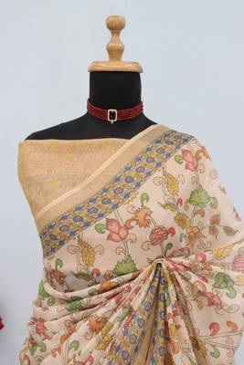 cream cotton blend zari weaving floral digital print festive saree with unstitched blouse piece 2