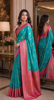 Rama soft silk blend banarasi jacuard work festive saree with unstitched blouse piece 3