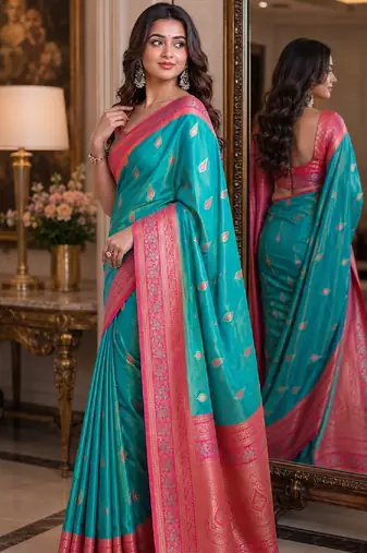 Rama soft silk blend banarasi jacuard work festive saree with unstitched blouse piece