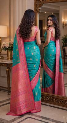 Rama soft silk blend banarasi jacuard work festive saree with unstitched blouse piece 4