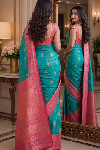 Rama soft silk blend banarasi jacuard work festive saree with unstitched blouse piece