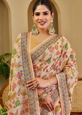 cream cotton blend zari weaving floral digital print festive saree with unstitched blouse piece 1