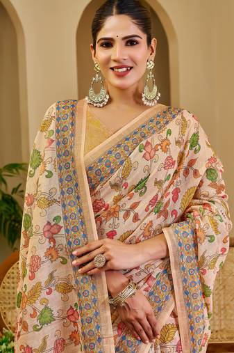 cream cotton blend zari weaving floral digital print festive saree with unstitched blouse piece