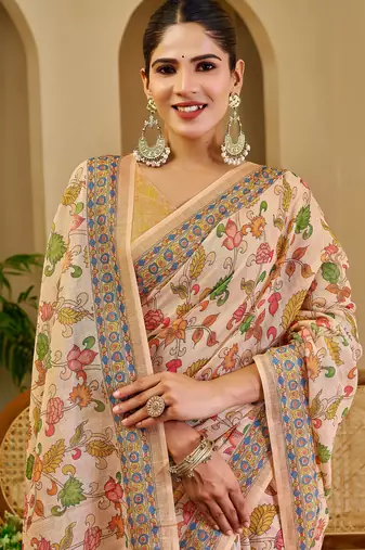 cream cotton blend zari weaving floral digital print festive saree with unstitched blouse piece