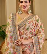 cream cotton blend zari weaving floral digital print festive saree with unstitched blouse piece