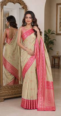 Cream soft silk blend banarasi jacuard work festive saree with unstitched blouse piece 1