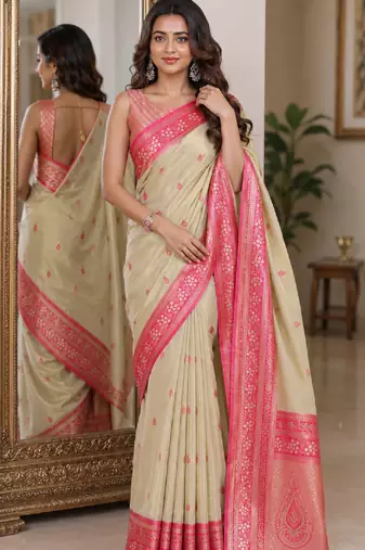 Cream soft silk blend banarasi jacuard work festive saree with unstitched blouse piece