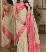Cream soft silk blend banarasi jacuard work festive saree with unstitched blouse piece