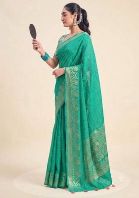 sea green chiffon fabric smart festive graceful saree 4