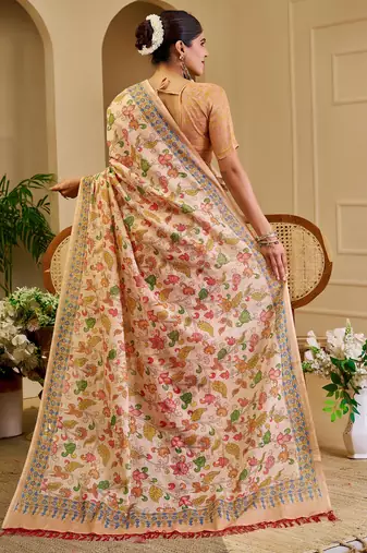 cream cotton blend zari weaving floral digital print festive saree with unstitched blouse piece