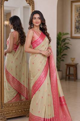 Cream soft silk blend banarasi jacuard work festive saree with unstitched blouse piece 4