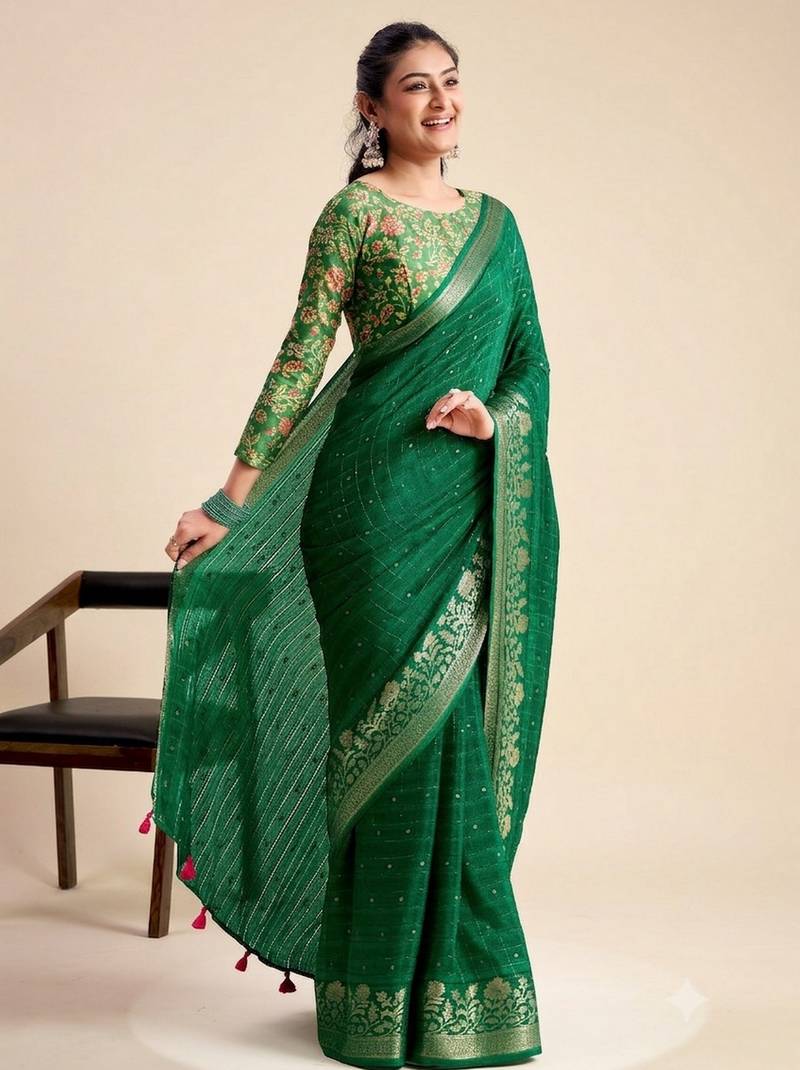 green chiffon fabric smart festive graceful saree
