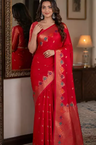 Pink soft silk blend banarasi jacuard work festive saree with unstitched blouse piece