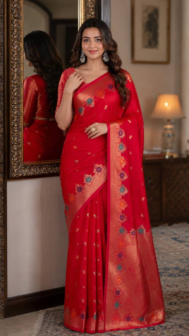 Pink soft silk blend banarasi jacuard work festive saree with unstitched blouse piece