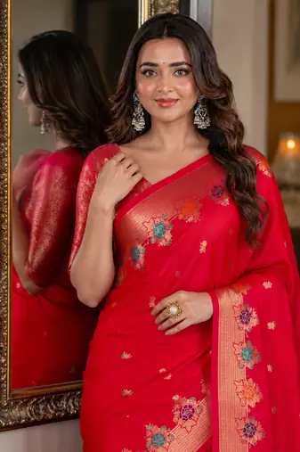 Pink soft silk blend banarasi jacuard work festive saree with unstitched blouse piece