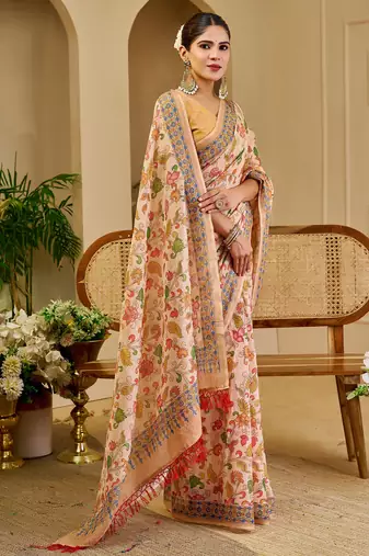 cream cotton blend zari weaving floral digital print festive saree with unstitched blouse piece