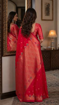 Pink soft silk blend banarasi jacuard work festive saree with unstitched blouse piece 3
