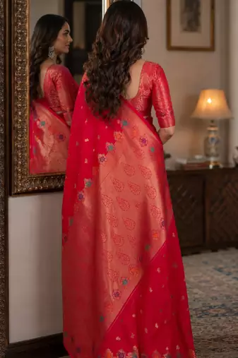 Pink soft silk blend banarasi jacuard work festive saree with unstitched blouse piece