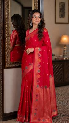 Pink soft silk blend banarasi jacuard work festive saree with unstitched blouse piece 4