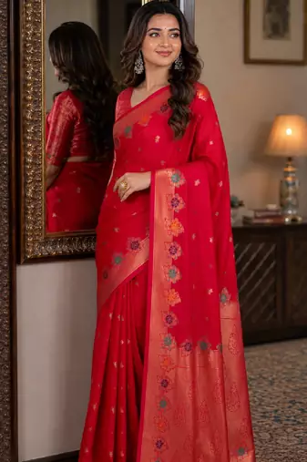Pink soft silk blend banarasi jacuard work festive saree with unstitched blouse piece
