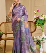 purple cotton blend zari weaving floral digital print festive saree with unstitched blouse piece