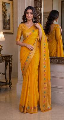 Yeloow soft silk blend banarasi jacuard work festive saree with unstitched blouse piece 1