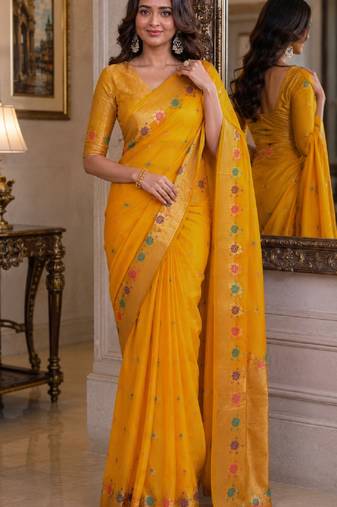 Yeloow soft silk blend banarasi jacuard work festive saree with unstitched blouse piece