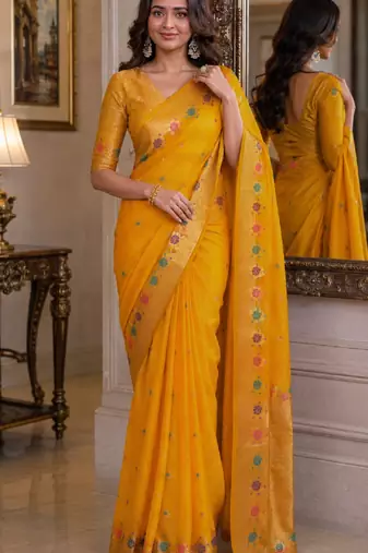 Yeloow soft silk blend banarasi jacuard work festive saree with unstitched blouse piece