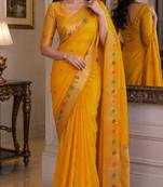 Yeloow soft silk blend banarasi jacuard work festive saree with unstitched blouse piece