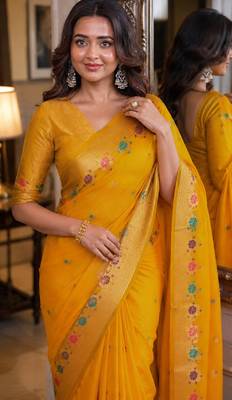 Yeloow soft silk blend banarasi jacuard work festive saree with unstitched blouse piece 2