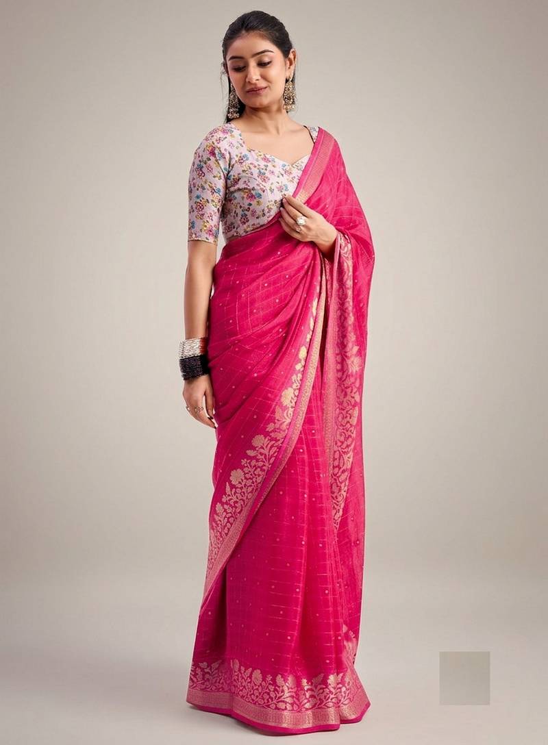 magenta chiffon fabric smart festive graceful saree