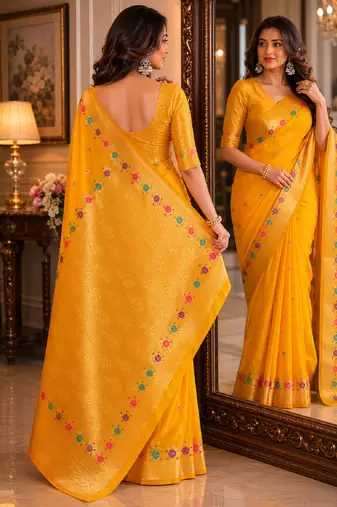 Yeloow soft silk blend banarasi jacuard work festive saree with unstitched blouse piece