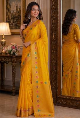 Yeloow soft silk blend banarasi jacuard work festive saree with unstitched blouse piece 4