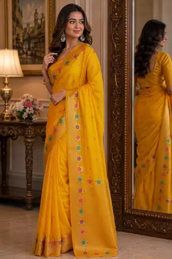 Yeloow soft silk blend banarasi jacuard work festive saree with unstitched blouse piece