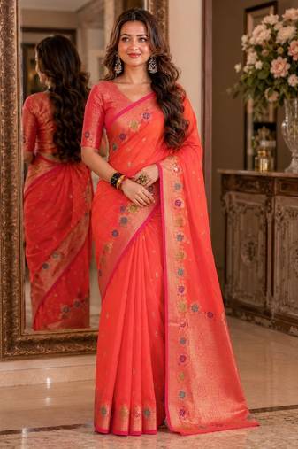 Orange soft silk blend banarasi jacuard work festive saree with unstitched blouse piece