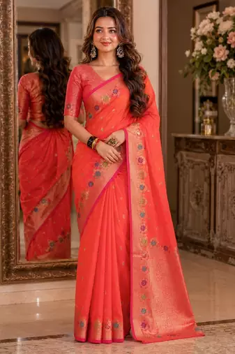Orange soft silk blend banarasi jacuard work festive saree with unstitched blouse piece