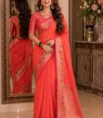 Orange soft silk blend banarasi jacuard work festive saree with unstitched blouse piece