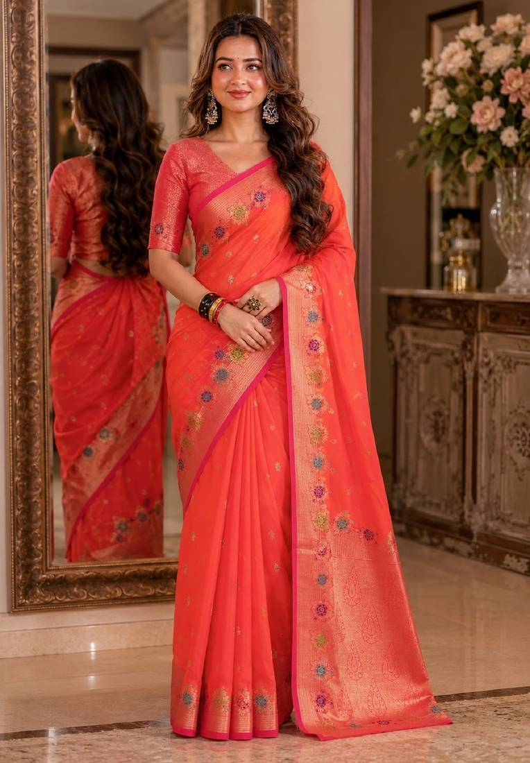 Orange soft silk blend banarasi jacuard work festive saree with unstitched blouse piece