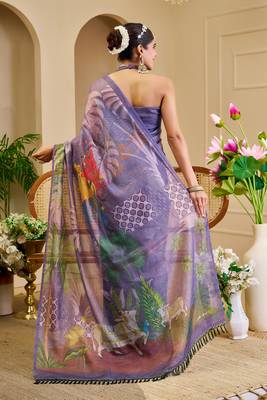 purple cotton blend zari weaving floral digital print festive saree with unstitched blouse piece 3