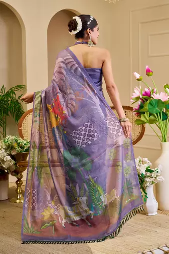 purple cotton blend zari weaving floral digital print festive saree with unstitched blouse piece