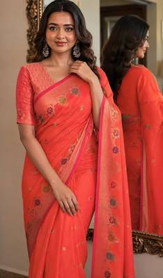 Orange soft silk blend banarasi jacuard work festive saree with unstitched blouse piece 2