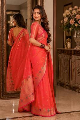 Orange soft silk blend banarasi jacuard work festive saree with unstitched blouse piece 3